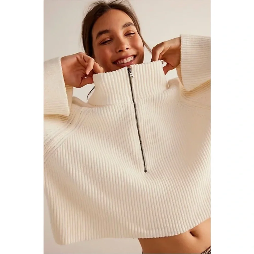 NEW Free People Sugar Ivory Greta Half Zip Pullover Sweater Sz XL NWOT